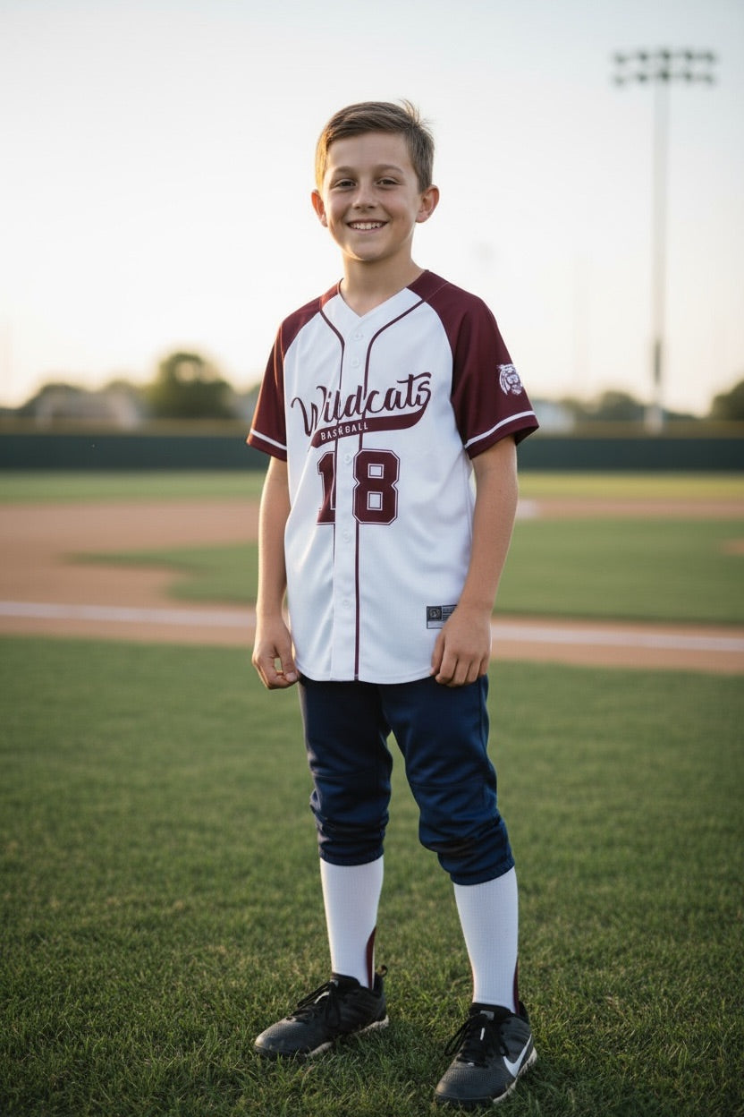Custom WB Wildcats Baseball Uniform — White Top & Navy Pants