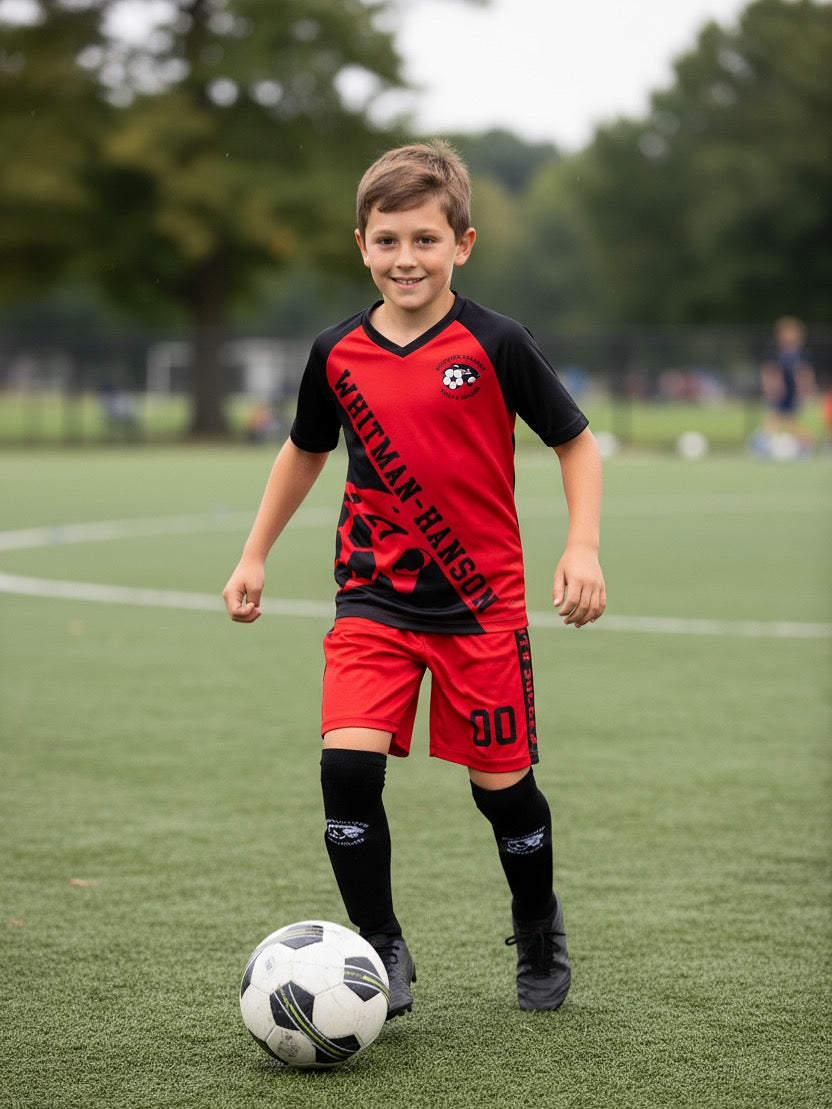 Custom Whitman-Hanson Soccer Kit — Red & Black Diagonal
