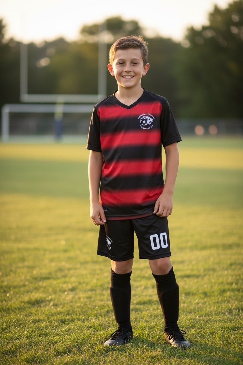 Custom Striped Soccer Jersey — Red & Black Hoops