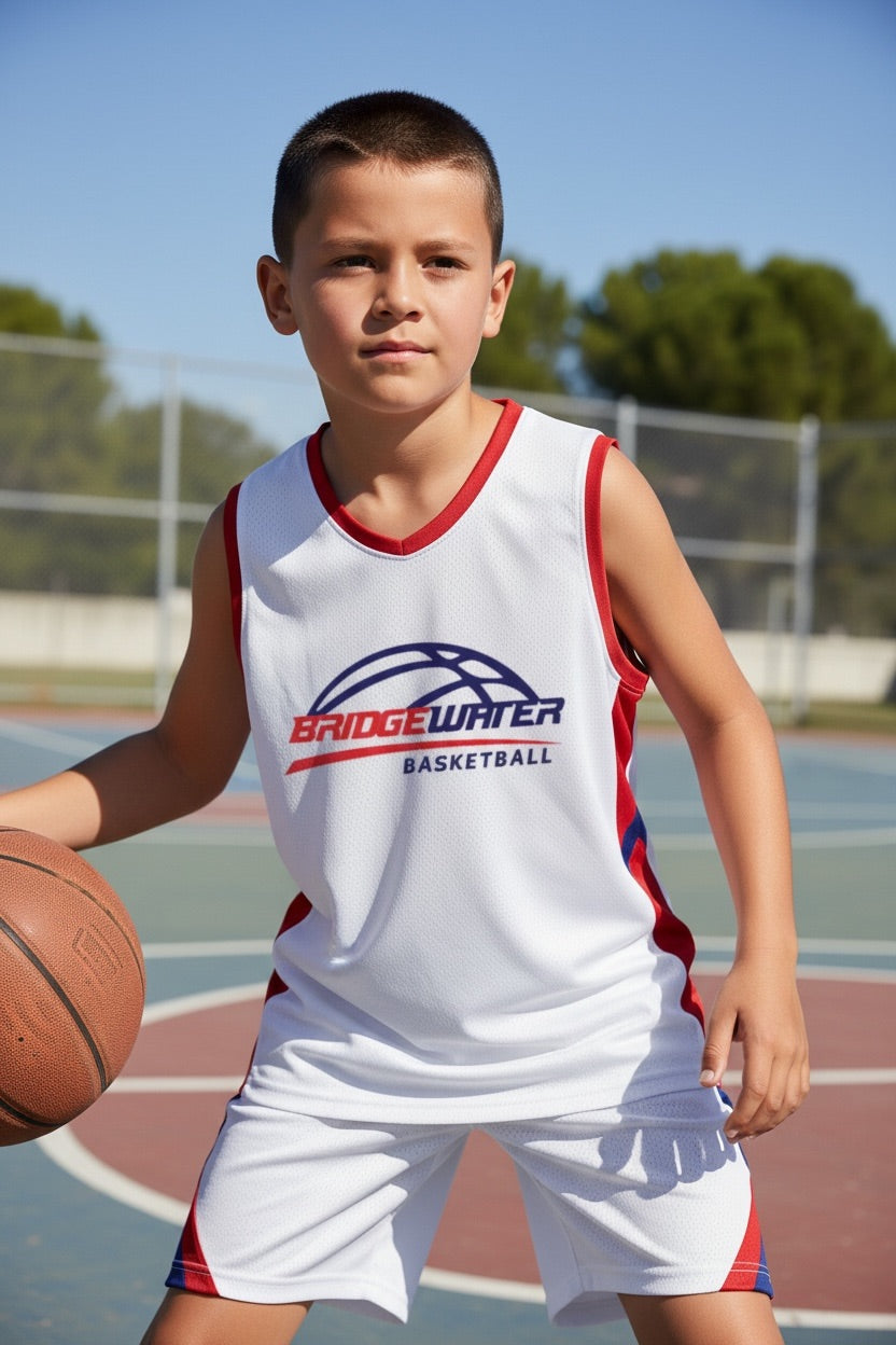 Custom Bridgewater Basketball Uniform — White & Red Youth