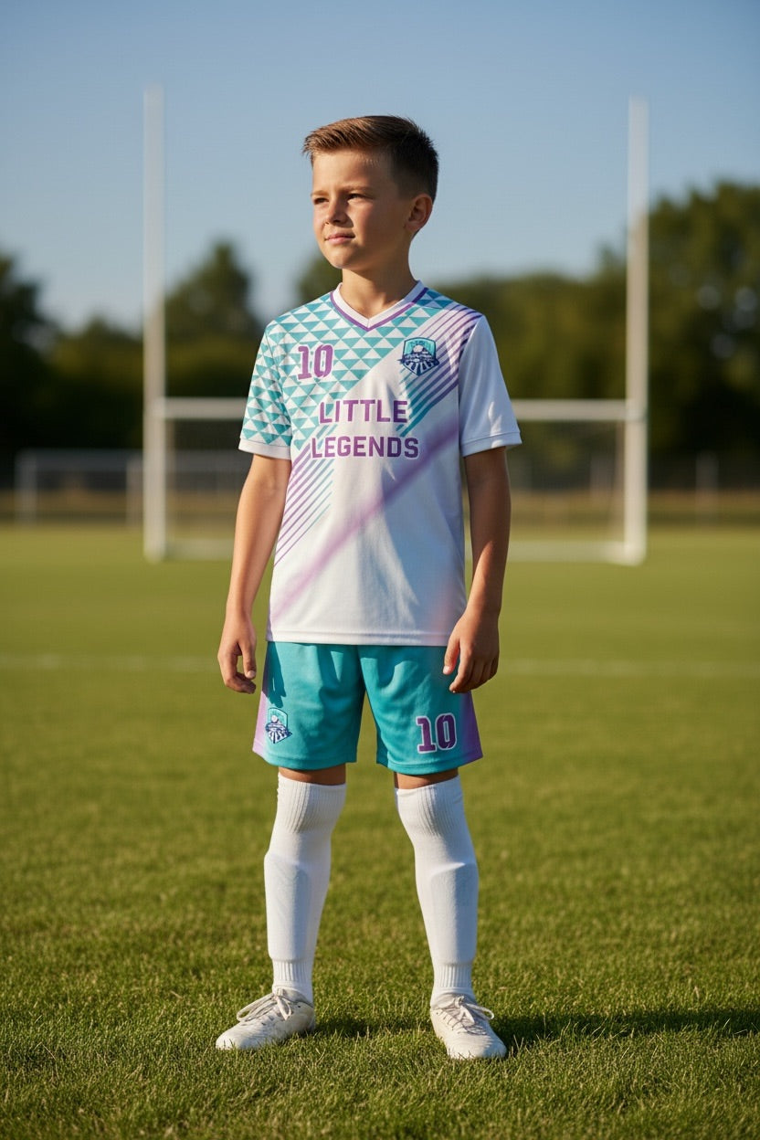 Custom Little Legends Soccer Kit — White & Teal Field