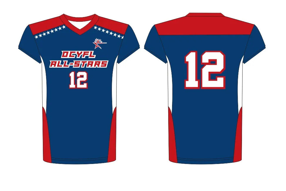 Custom blue and red sublimated football jersey, front and back view