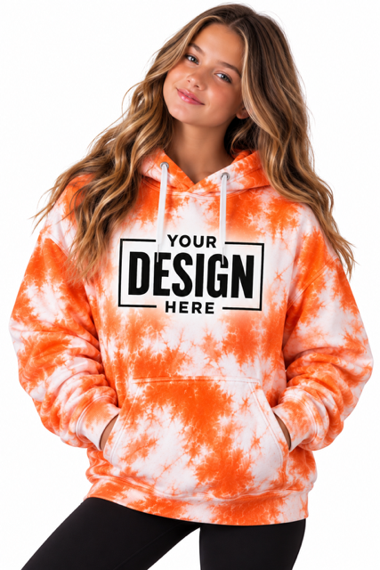 Tie-dye hoodie mockup in orange and white with space for your team logo