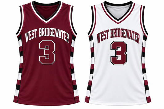 West Bridgewater Wildcats reversible basketball jersey, maroon side and white side, front view