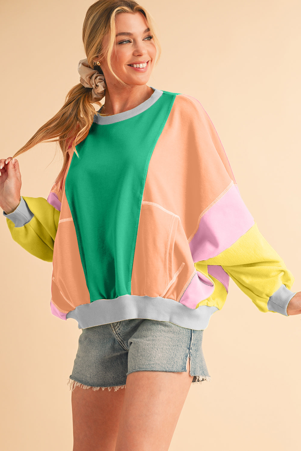 Grapefruit Orange Colorblock Patchwork Drop Shoulder Top