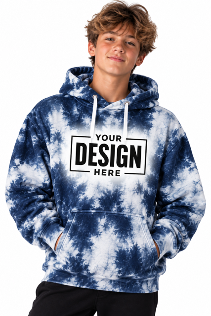 Tie-dye hoodie mockup in navy and white with space for your team logo
