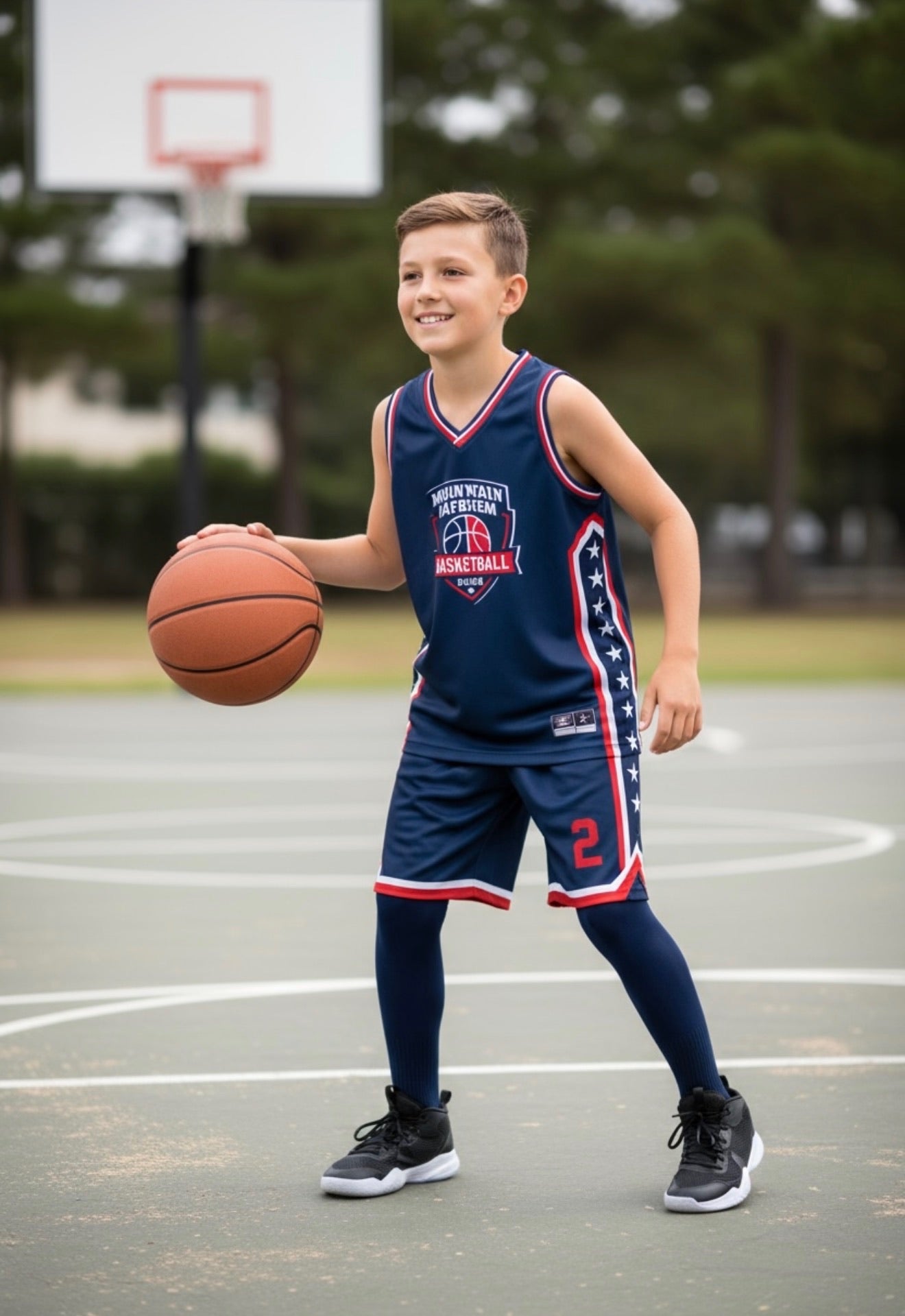 Custom Youth Basketball Uniform — Navy, Red & White