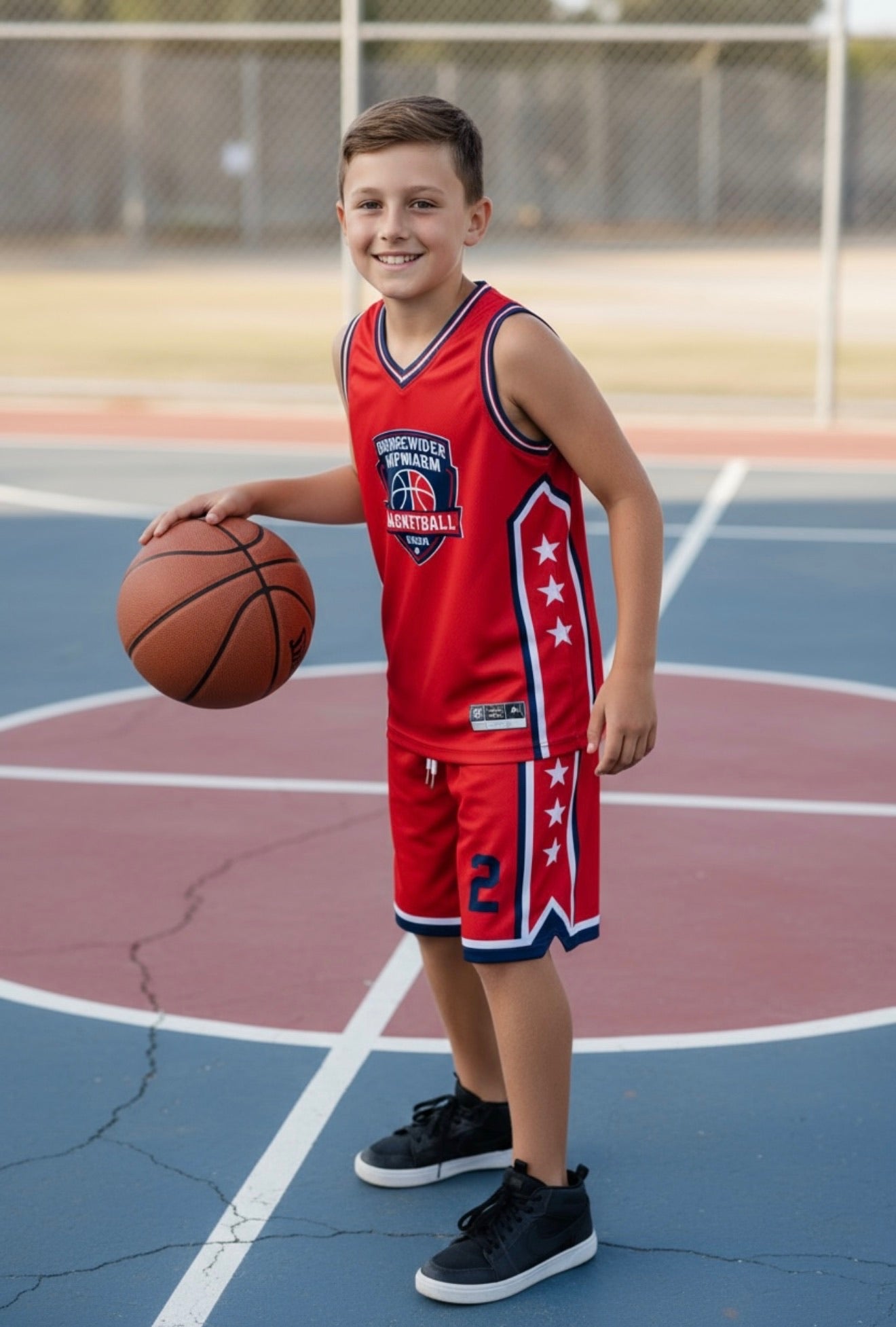 Custom Youth Basketball Uniform — Red, Navy & White