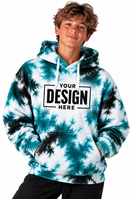 Tie-dye hoodie mockup in teal and black with space for your team logo