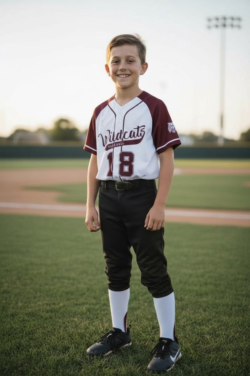 Custom WB Wildcats Baseball Uniform — White Top & Black Pants