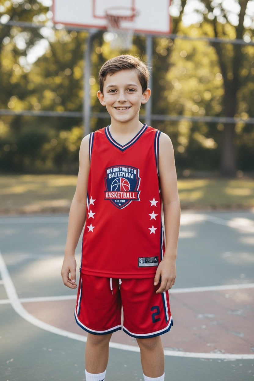 Custom Youth Basketball Uniform — Red with Stars