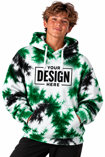 Tie-dye hoodie mockup in kelly green and black with space for your team logo