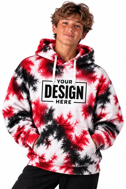Tie-dye hoodie mockup in red and black with space for your team logo