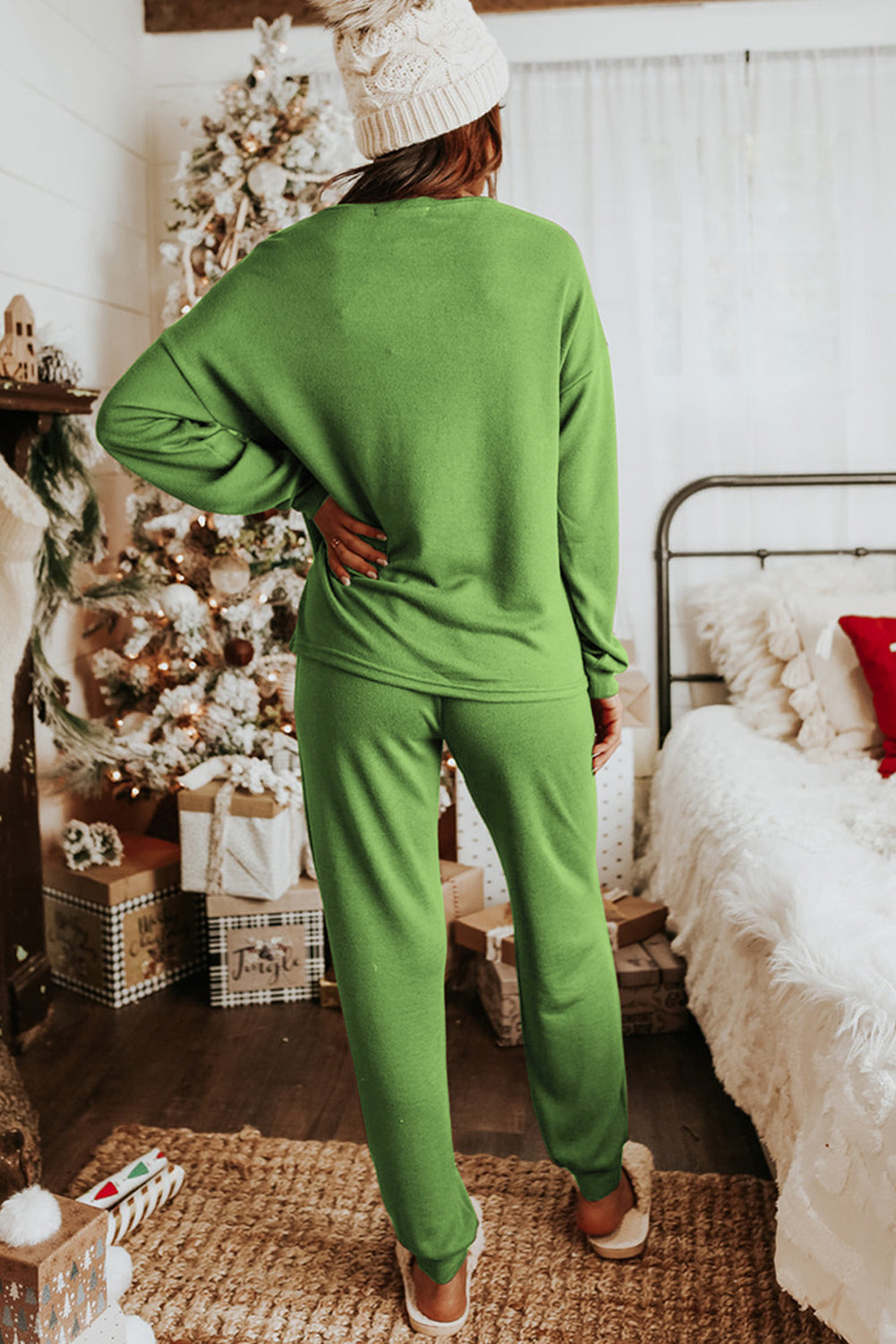 Red Casual Long Sleeve Pullover & Joggers Pajamas Set