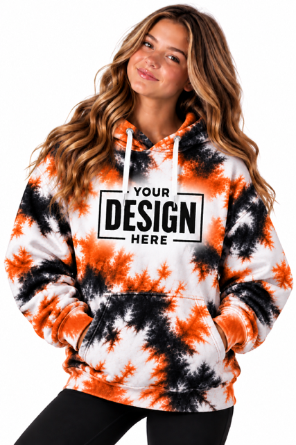Tie-dye hoodie mockup in orange and black with space for your team logo