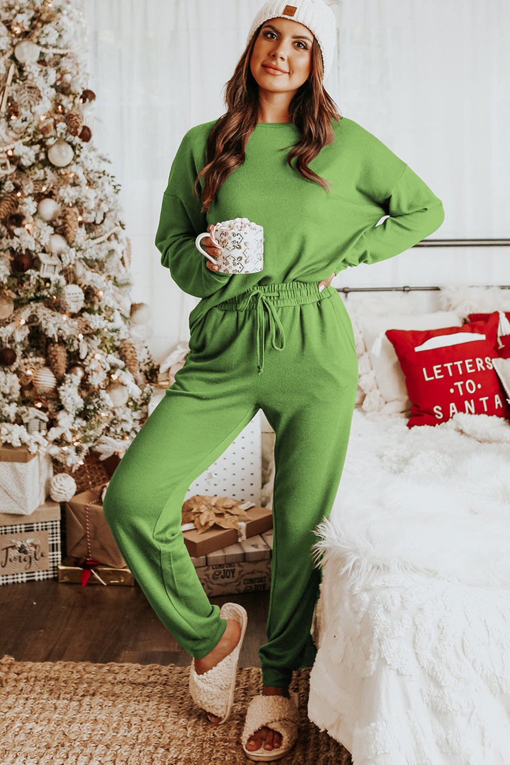 Red Casual Long Sleeve Pullover & Joggers Pajamas Set