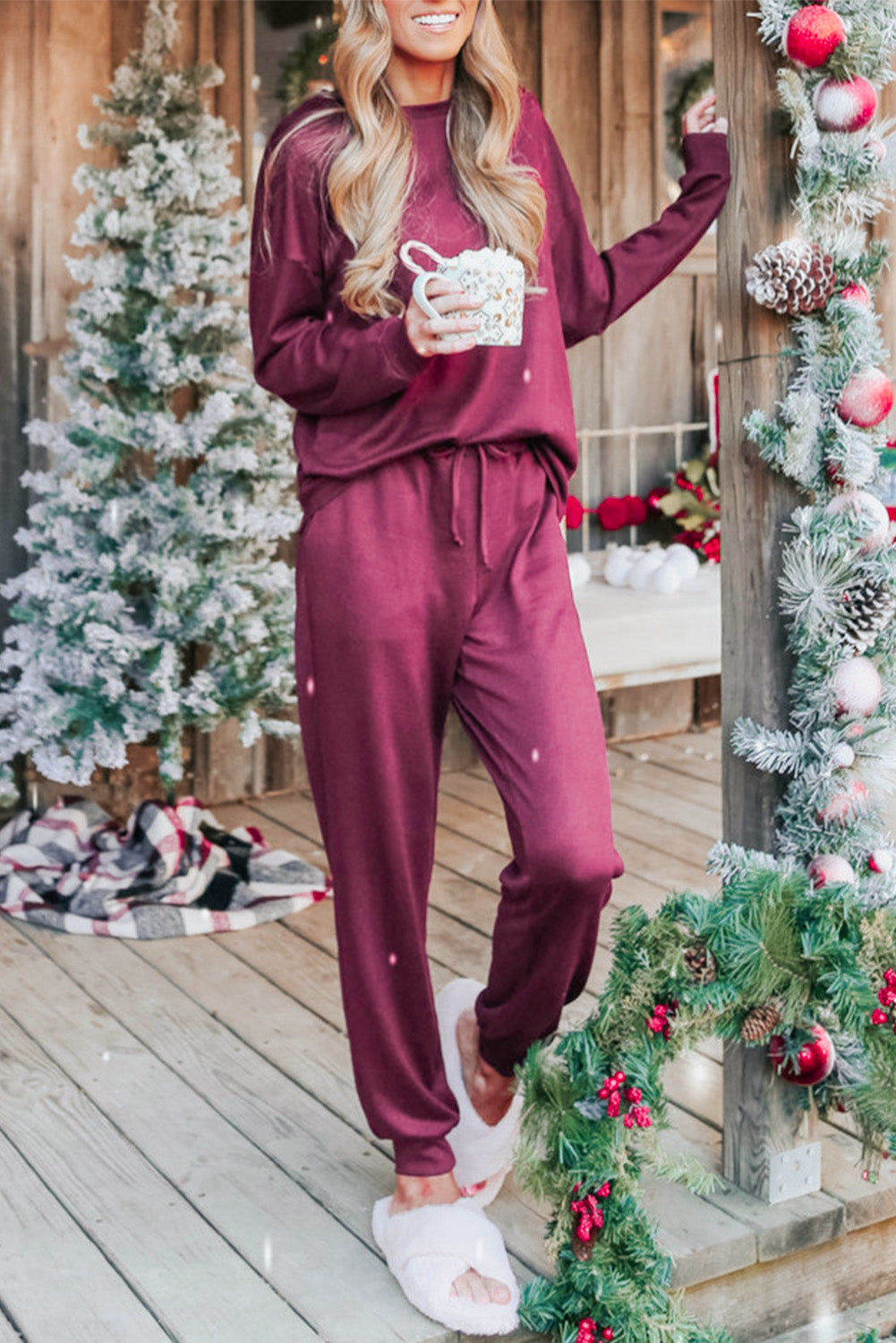 Red Casual Long Sleeve Pullover & Joggers Pajamas Set