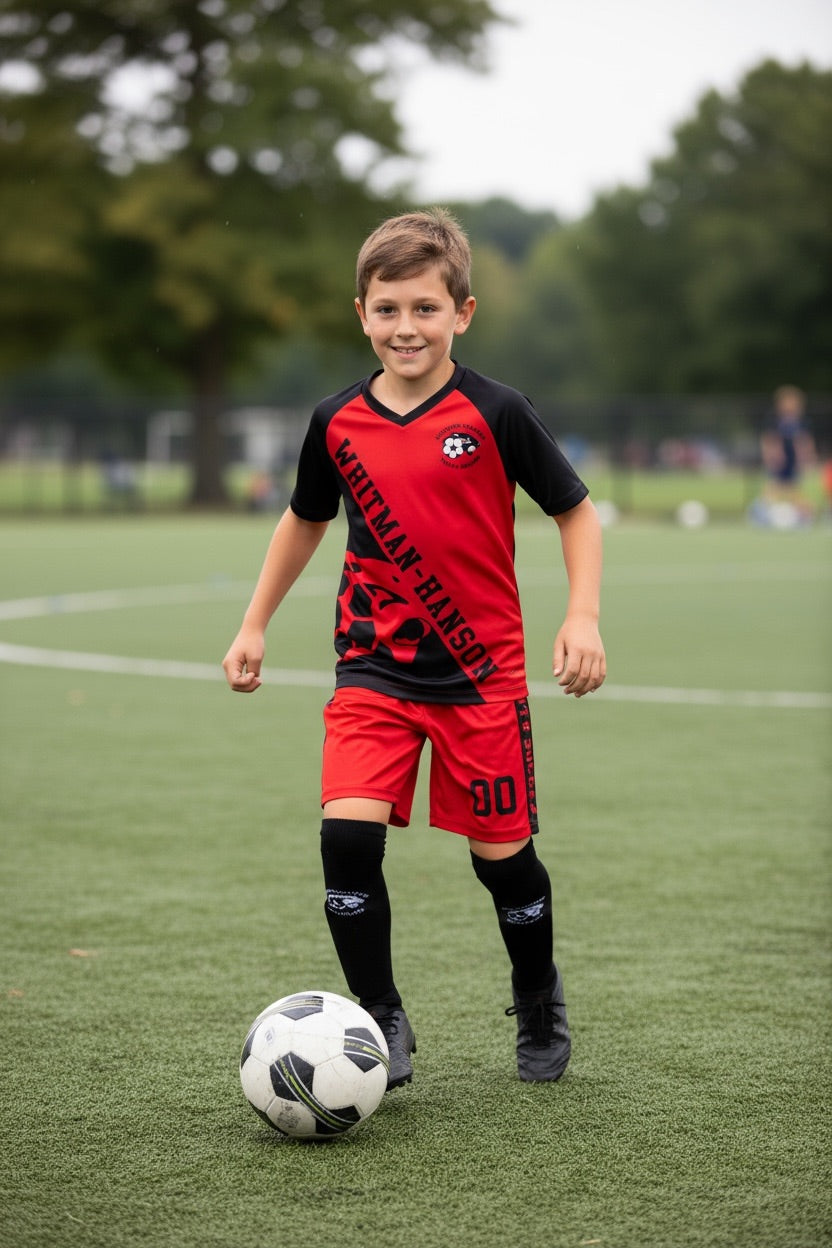 Custom Whitman-Hanson Soccer Kit — Red & Black Action