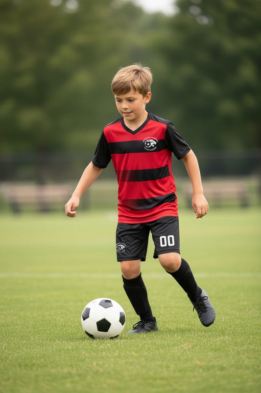 Custom Striped Soccer Kit — Red & Black Field Set