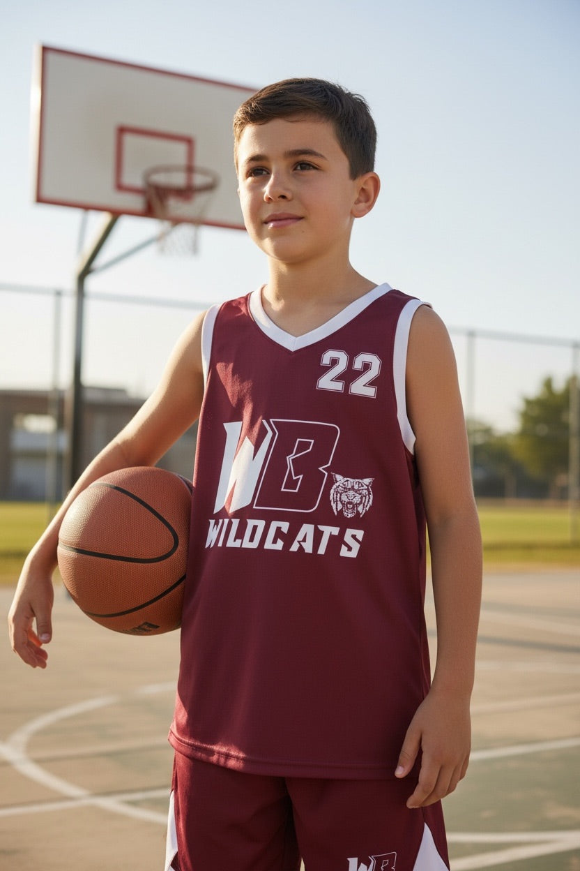Custom WB Wildcats Basketball Uniform — Maroon Youth Set