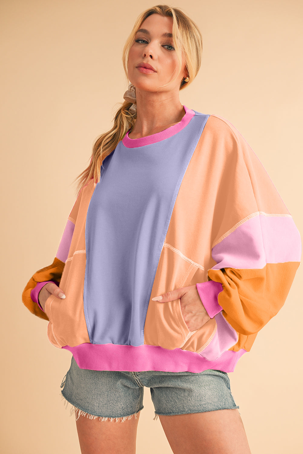 Grapefruit Orange Colorblock Patchwork Drop Shoulder Top