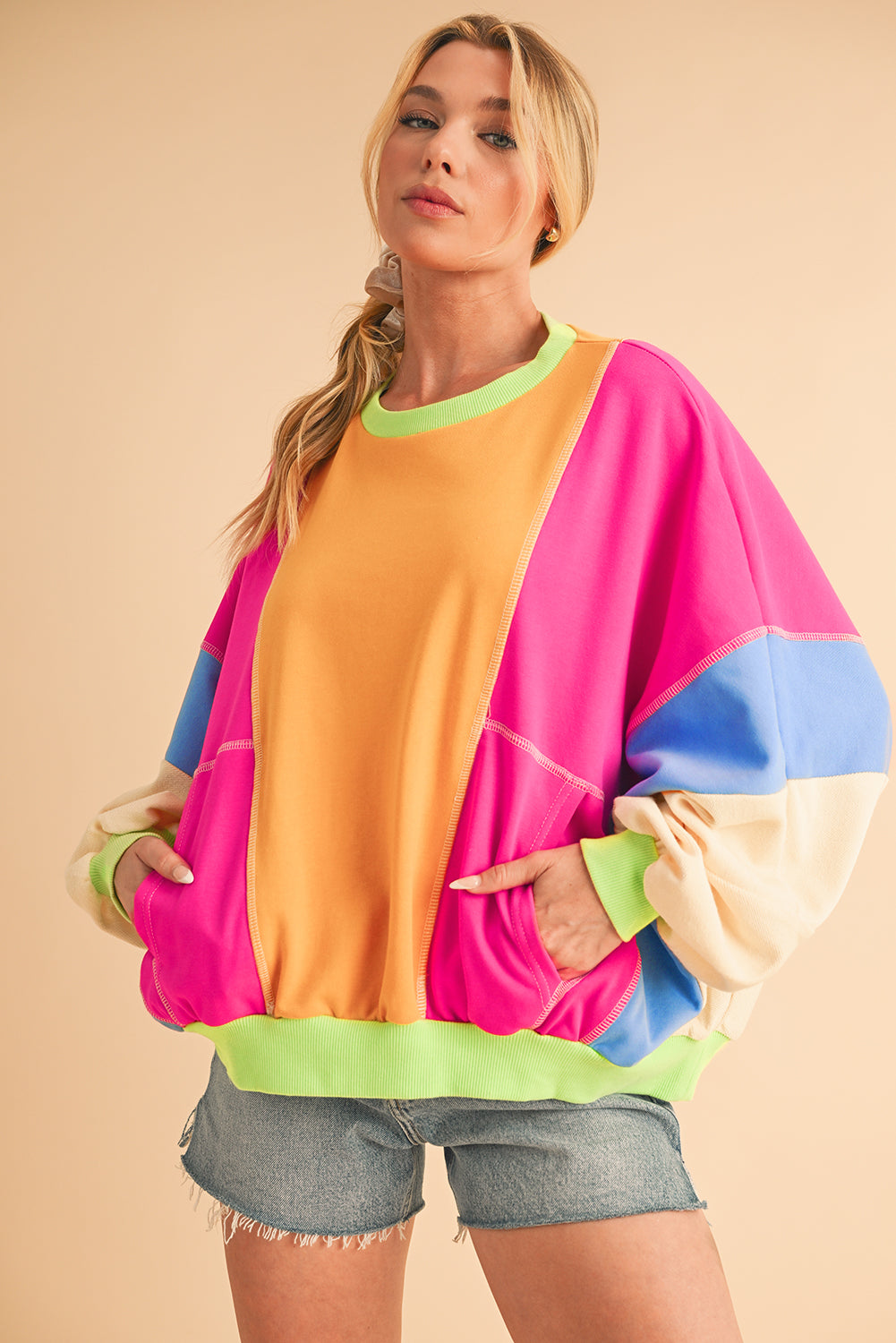 Grapefruit Orange Colorblock Patchwork Drop Shoulder Top