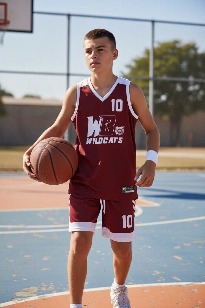 Custom WB Wildcats Basketball Uniform — Maroon Teen