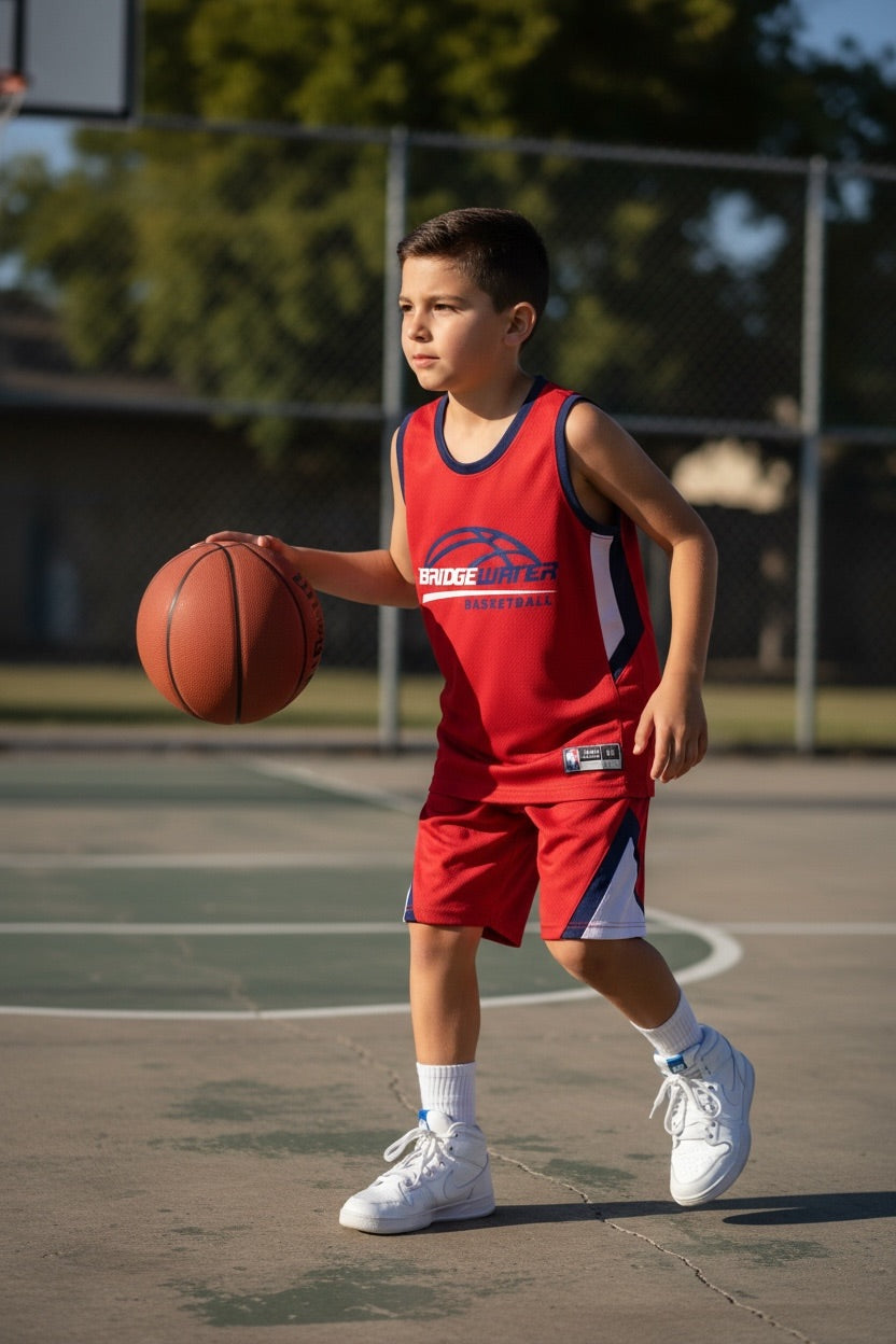 Custom Bridgewater Basketball Uniform — Red & White Youth
