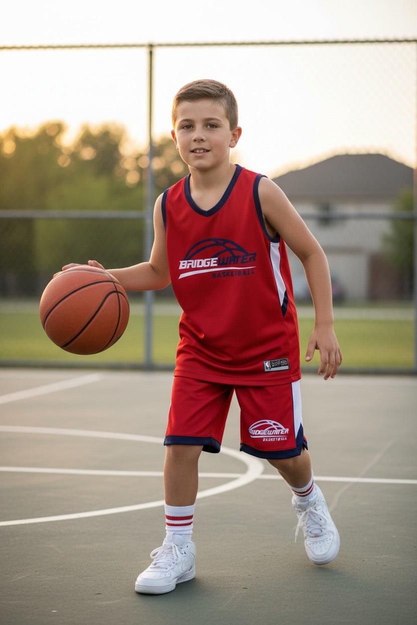 Custom Bridgewater Basketball Uniform — Red & Navy Youth