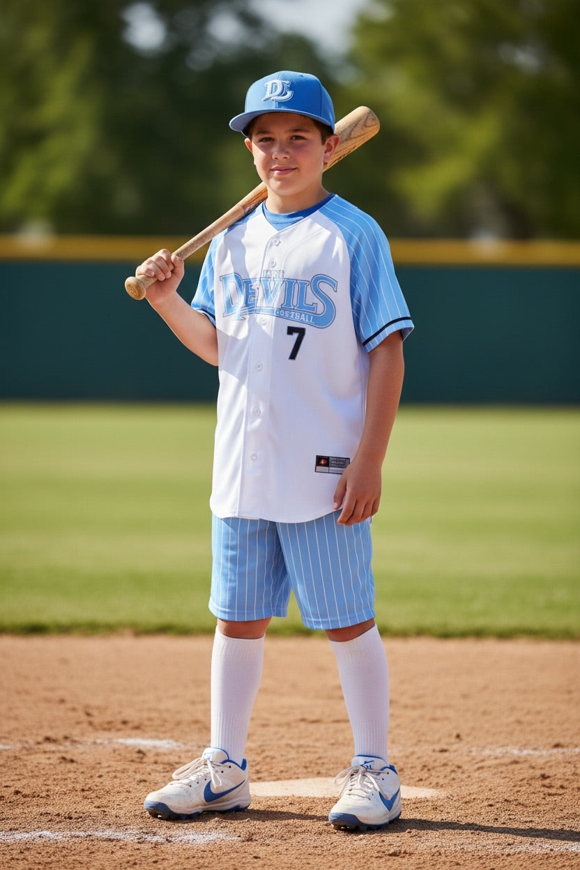 Custom Devils Baseball Uniform — Light Blue & White