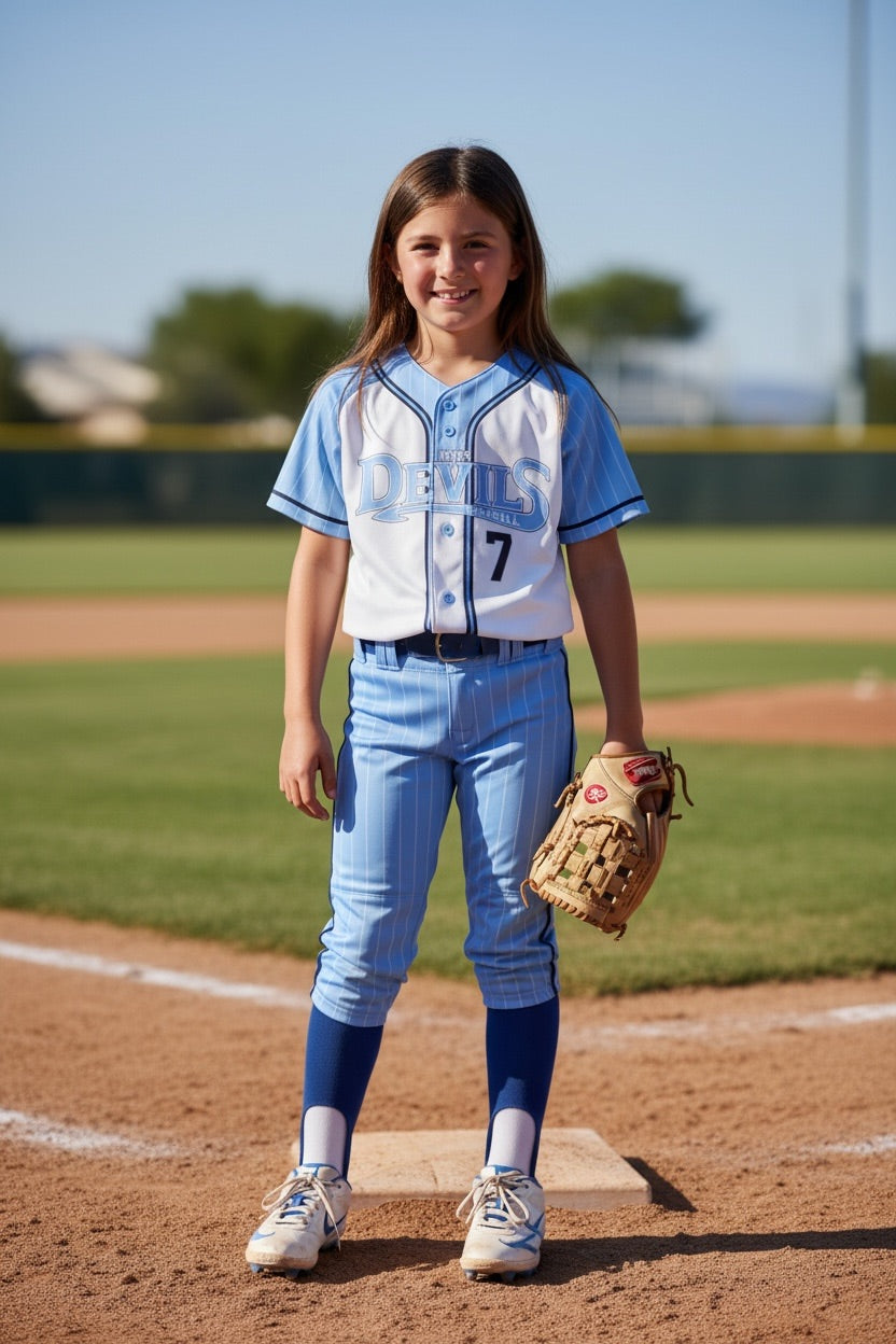 Custom Devils Softball Uniform — Light Blue Youth