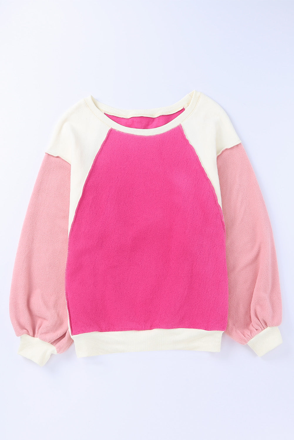 Rosy Colorblock Patchwork Plush Pullover Sweatshirt