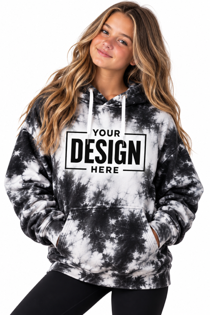 Tie-dye hoodie mockup in black and gray with space for your team logo