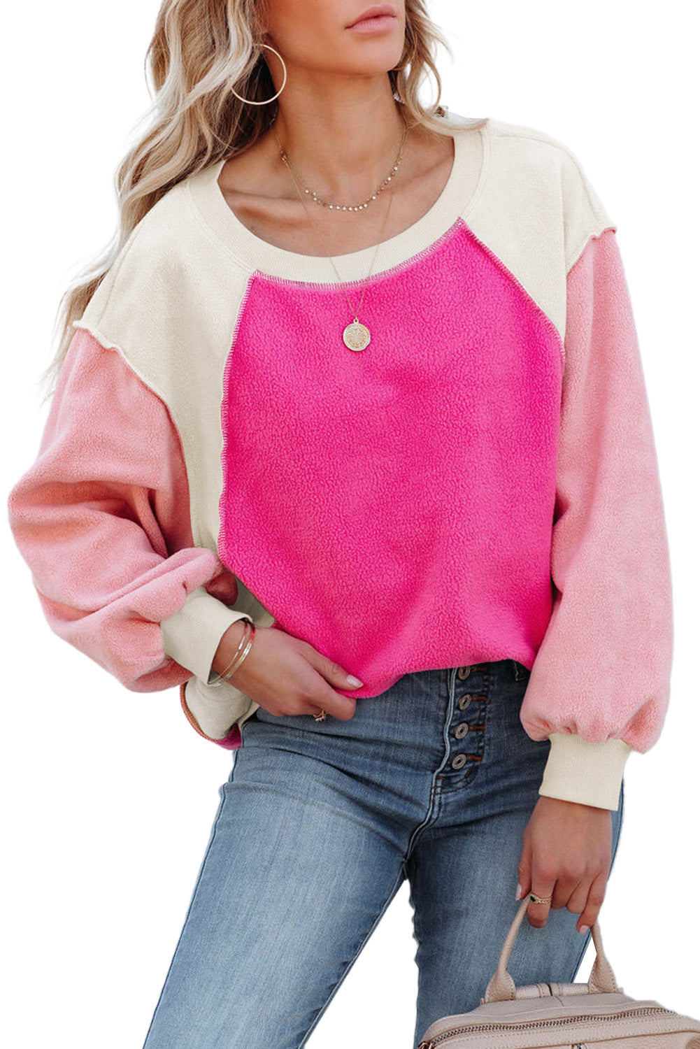 Rosy Colorblock Patchwork Plush Pullover Sweatshirt