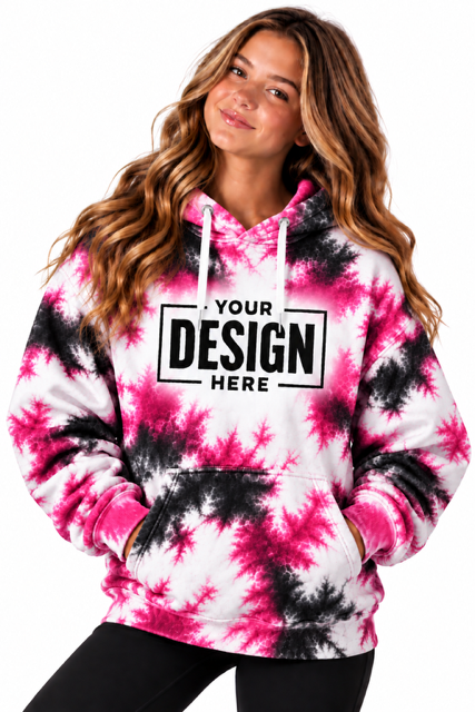 Tie-dye hoodie mockup in pink and black with space for your team logo