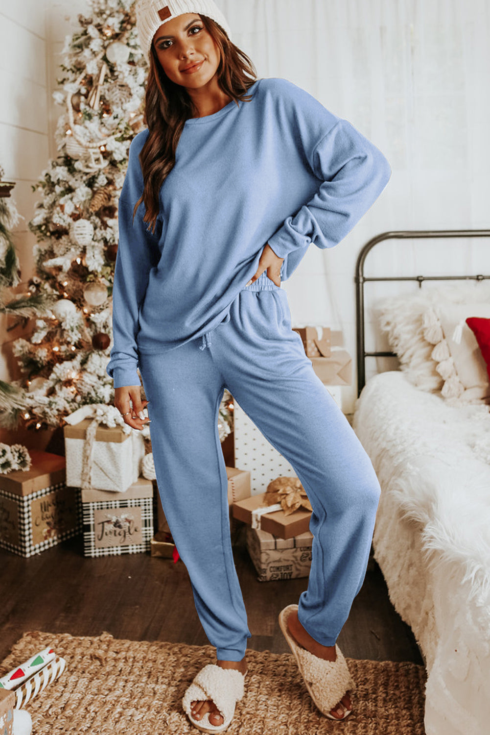 Red Casual Long Sleeve Pullover & Joggers Pajamas Set