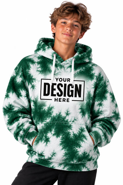 Tie-dye hoodie mockup in forest green and white with space for your team logo