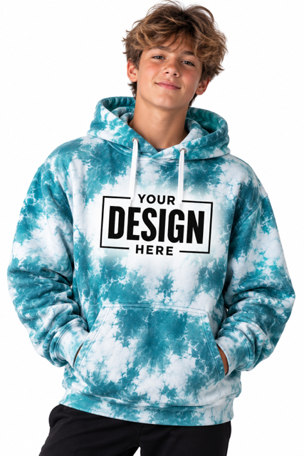 Tie-dye hoodie mockup in aqua and white with space for your team logo