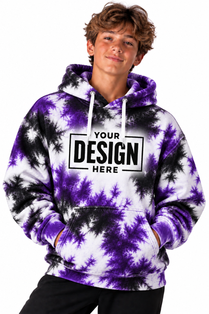 Tie-dye hoodie mockup in purple and black with space for your team logo