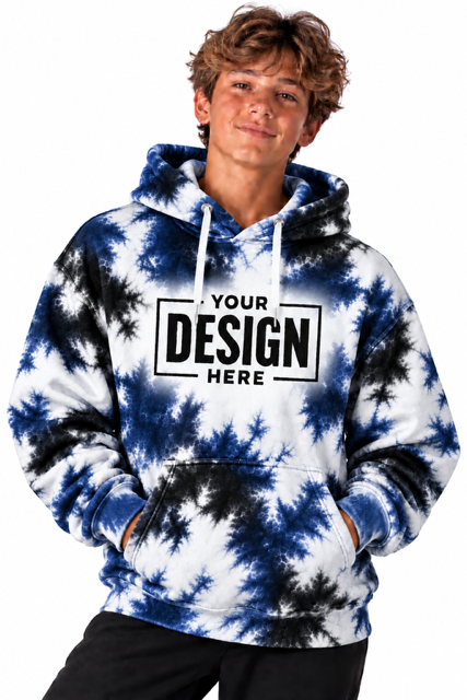 Tie-dye hoodie mockup in navy and black with space for your team logo