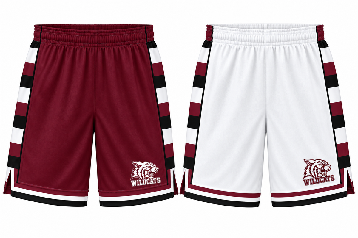 West Bridgewater Wildcats reversible basketball shorts, maroon side and white side, with Wildcats logo