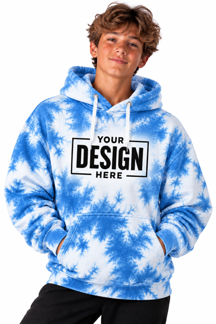Tie-dye hoodie mockup in royal blue and white with space for your team logo