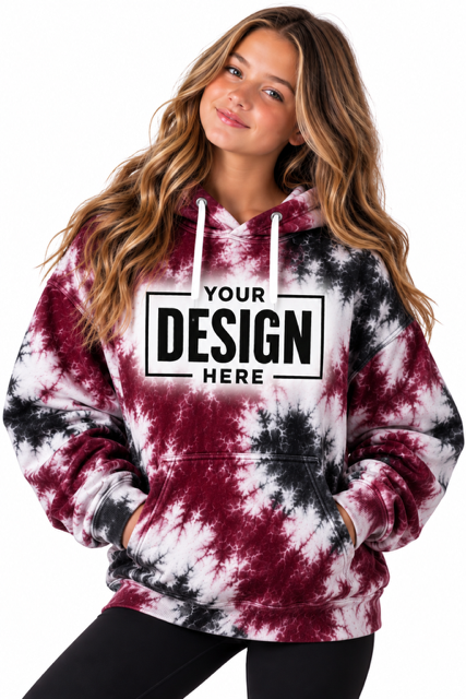 Tie-dye hoodie mockup in maroon and black with space for your team logo