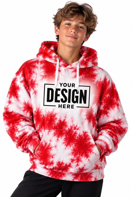 Tie-dye hoodie mockup in red and white with space for your team logo