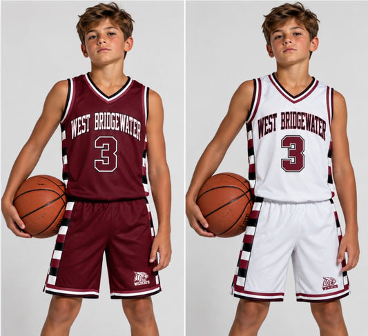West Bridgewater Wildcats boys reversible basketball uniform shown on a model, front view, maroon side and white side