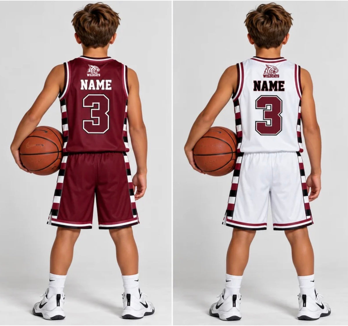 West Bridgewater Wildcats boys reversible basketball uniform shown on a model, back view with last name above the number