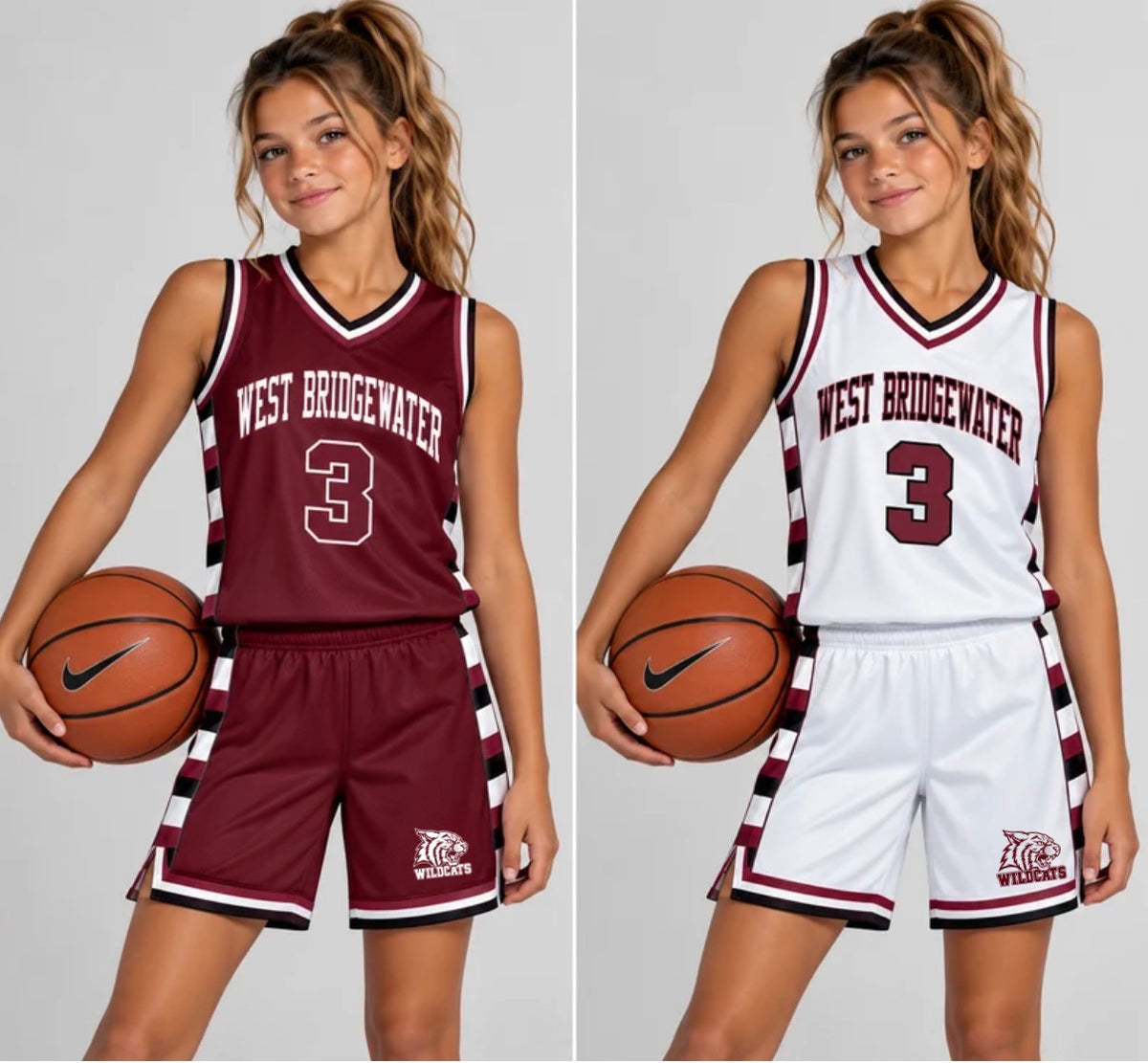 West Bridgewater Wildcats girls reversible basketball uniform shown on a model, front view, maroon side and white side