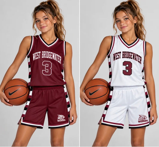 West Bridgewater Wildcats girls reversible basketball uniform shown on a model, front view, maroon side and white side