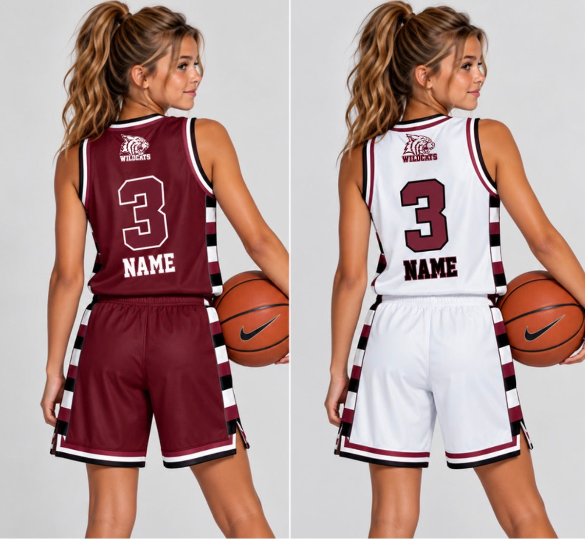 West Bridgewater Wildcats girls reversible basketball uniform shown on a model, back view with last name below the number