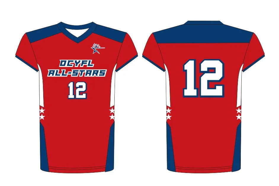 Custom OCYFL All-Stars football jersey in red, white and blue, front and back